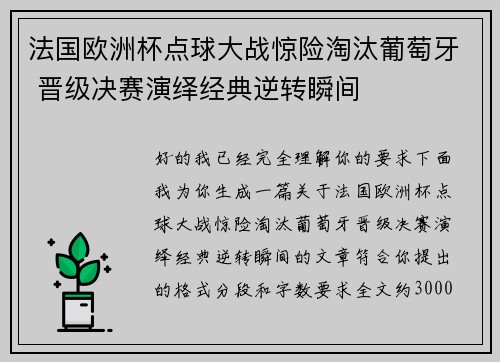 法国欧洲杯点球大战惊险淘汰葡萄牙 晋级决赛演绎经典逆转瞬间 法国欧洲杯点球大战惊险淘汰葡萄牙 晋级决赛演绎经典逆转瞬间
